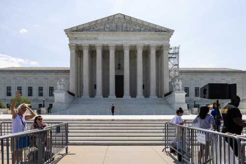 Demonstrators gather outside the U.S. Supreme Court as justices issue rulings in the cases of Fischer v. United States, Loper Bright Enterprises v. Raimondo, and City of Grants Pass v. Johnson, in Washington, U.S., on June 28, 2024.