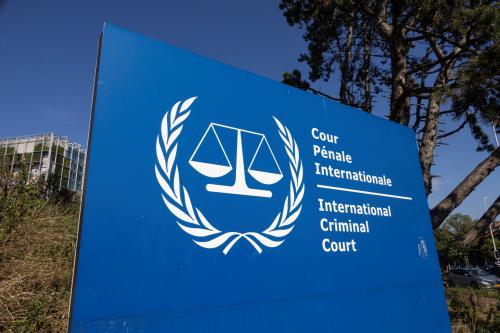 General view with a sign with the official logo and inscription of the International Criminal Court ICC or ICCt, an intergovernmental organization and international tribunal seated in The Hague, Netherlands.