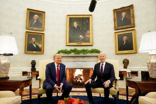 U.S. President Joe Biden meets with President-elect Donald Trump in the Oval Office at the White House in Washington, U.S., on November 13, 2024.