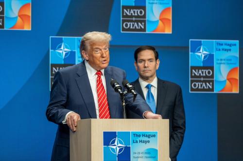 June 25, 2025, The Hague, South Holland, Netherlands: US President DONALD TRUMP, joined by Secretary of State MARCO RUBIO discusses the outcome of the 2025 NATO Summit.