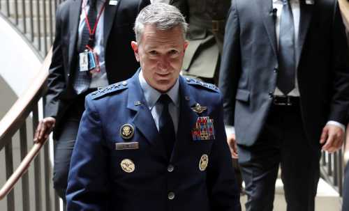 U.S. Chairman of the Joint Chiefs of Staff, U.S. Air Force General Dan Caine descends a staircase, on the day of a closed briefing on the situation in Iran for members of the U.S. Senate, on Capitol Hill in Washington, D.C., U.S., June 26, 2025.