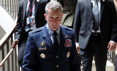 U.S. Chairman of the Joint Chiefs of Staff, U.S. Air Force General Dan Caine descends a staircase, on the day of a closed briefing on the situation in Iran for members of the U.S. Senate, on Capitol Hill in Washington, D.C., U.S., June 26, 2025.