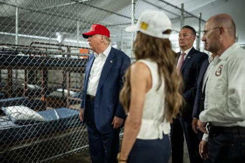 July 1, 2025, Ochopee, Florida, USA: President DONALD TRUMP, left, with Secretary of Homeland Security KRISTI NOEM and others, participates in a walking tour of the immigration detention center nicknamed “Alligator Alcatraz” Tuesday. (Credit Image: © Daniel Torok/White House/ZUMA Press Wire)