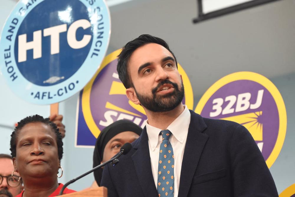 Zohran Mamdani, the Democratic nominee for New York City mayor, delivers remarks at a primary victory celebration with leaders and members of the city's labor unions, including the Hotel and Gaming Trades Council, 32BJ SEIU, New York State Nurses Association, and NY City Central Labor Council in Manhattan, New York, United States, on July 2, 2025. Zohran Mamdani celebrates his victory, responds to questions from the press pool, and explains his opposition to comments from President Donald Trump threatening to arrest Mamdani. (Photo by Kyle Mazza/NurPhoto)NO USE FRANCE