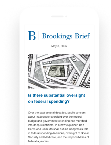 An illustration of a cell phone with an issue of the Brookings Brief displayed.