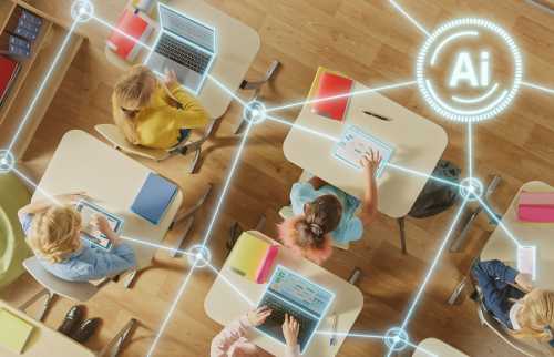 Children in classroom using laptops and tablets connected by AI