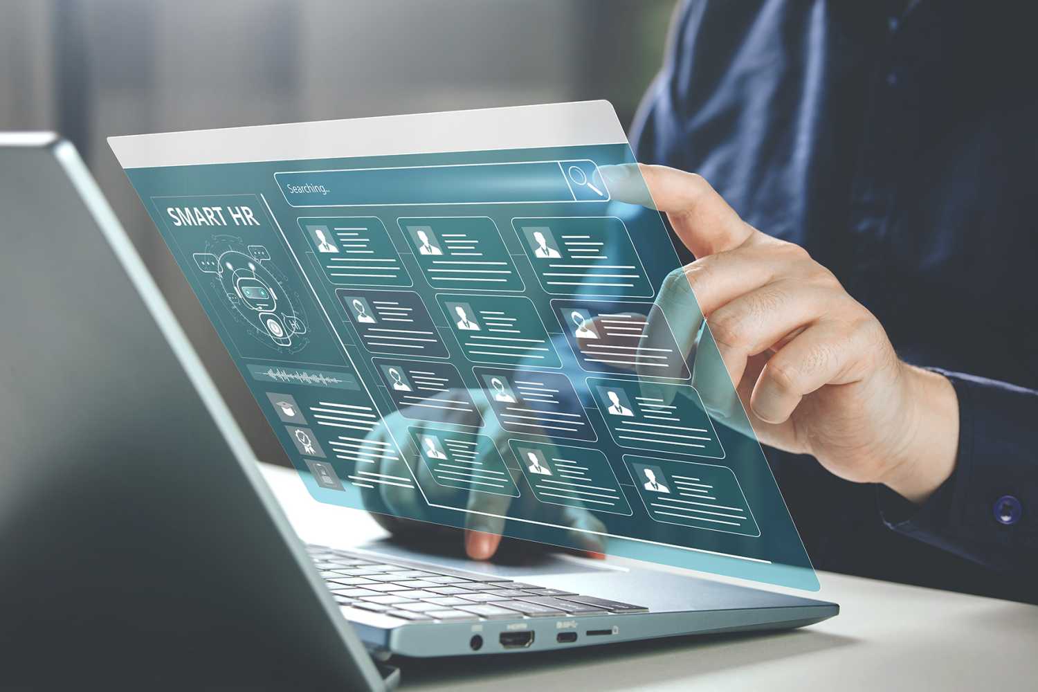 Smart AI technology system for human resource management. concept of effective person information, audit, assessment, and qualification system in organization.