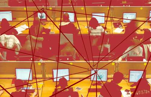 A computer lab with three rows of four desks, each occupied by students working at computers. Overlaying the computer lab are red lines connecting through nodes, symbolizing the flow of communication, data exchange, and interconnected networks.
