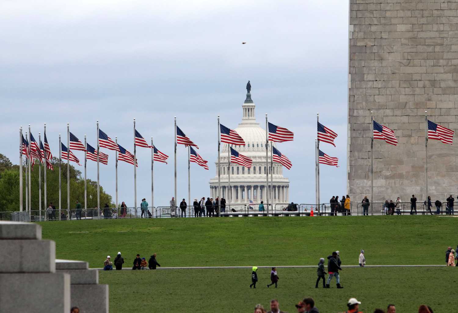 US Capitol in Washington DC seen through flags surrounding the Washington Monument