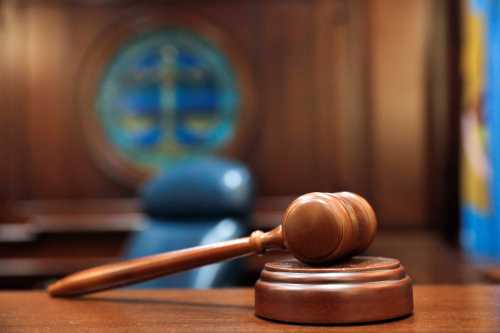 A gavel and a block is pictured on the judge's bench in this illustration picture taken in the Sussex County Court of Chancery in Georgetown, Delaware, U.S., on June 9, 2021.