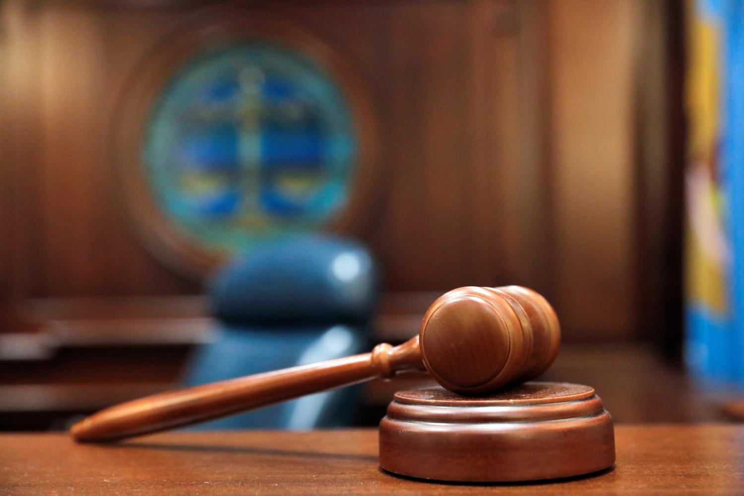 A gavel and a block is pictured on the judge's bench in this illustration picture taken in the Sussex County Court of Chancery in Georgetown, Delaware, U.S., on June 9, 2021.