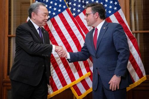 Speaker of the House Mike Johnson (R-LA) greets Ambassador of Taiwan Alexander Yui during a photo-op before a meeting, at the U.S. Capitol, in Washington, D.C., on Tuesday, January 9, 2024.