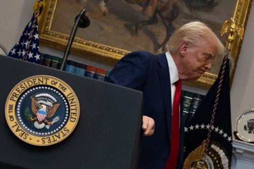 U.S. President Donald Trump leaves after delivering remarks on AI infrastructure at the Roosevelt room at White House in Washington, U.S., January 21, 2025.