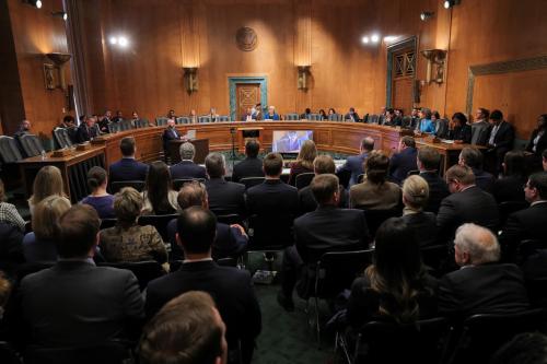 Federal Reserve Board Governor Michelle Bowman, U.S. President Donald Trump's nominee to be Federal Reserve vice chair for supervision, Andrew Hughes, nominee to be Deputy Secretary, Department of Housing and Urban Development, David Woll, nominee to be General Counsel, Department of Housing and Urban Development, John Hurley, nominee to be Under Secretary for Terrorism and Financial Crimes, Department of the Treasury, David Fogel, nominee to be Assistant Secretary of Commerce and Director General of the United States and Foreign Commercial Service, Department of Commerce and Landon Heid, nominee to be an Assistant Secretary of Commerce, Department of Commerce attend a Senate Banking, Housing, and Urban Affairs Committee confirmation hearing on Capitol Hill in Washington, D.C., U.S., on April 10, 2025.