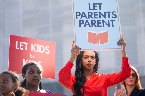 Demonstrators are seen outside the Supreme Court as oral arguments were heard on Mahmoud v. Taylor on Tuesday, April 22, 2025. The case contends that forcing students to participate in LGBTQ+ learning material violates First Amendment rights to exercise religious beliefs.