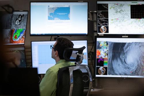 Weather forecaster Andrew Hagen works at his station at the National Oceanic and Atmospheric Administration's (NOAA) National Hurricane Center in Miami, Florida, U.S. on May 30, 2025.