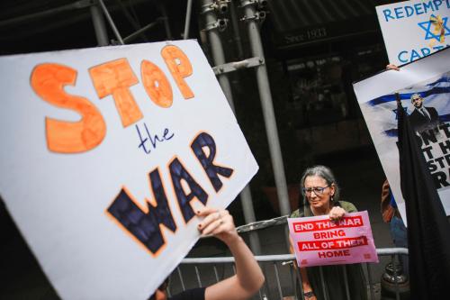 People take part in a protest against the Israeli government, demanding the release of all hostages, amid the ongoing conflict in Gaza between Israel and Hamas, outside the Israeli consulate in New York City, U.S. July 7, 2025. REUTERS/Eduardo Munoz