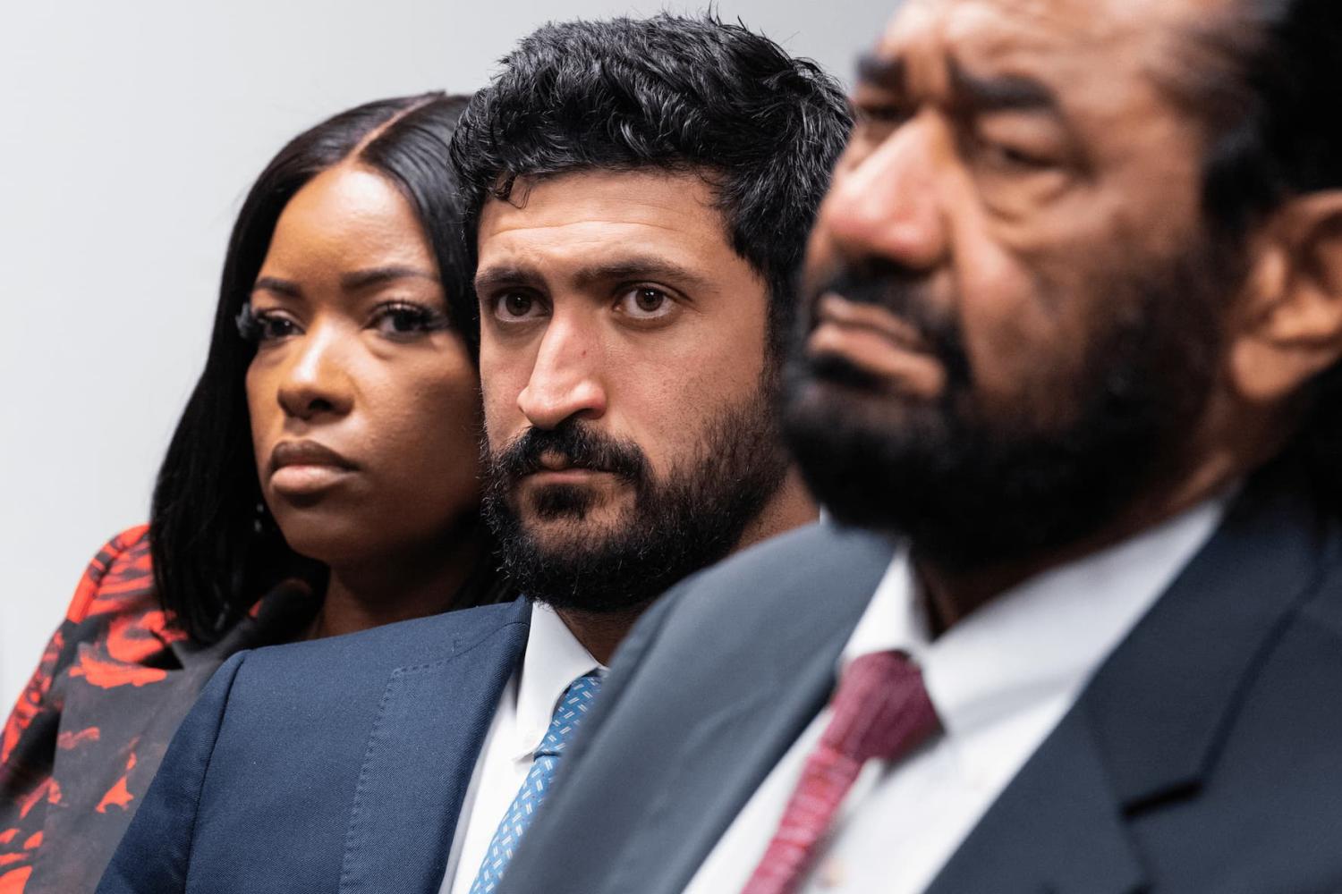 UNITED STATES - JULY 15: From left, Reps. Jasmine Crockett, D-Texas, Greg Casar, D-Texas, and Al Green, D-Texas, attend a news conference with members of the Texas congressional delegation to discuss possible redistricting in the state at the Democratic National Committee offices on Tuesday, July 15, 2025. (Tom Williams/CQ Roll Call/Sipa USA)