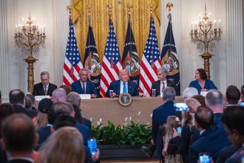 President Donald Trump hosts medical technology company heads at the White House for a Make Healthcare Technology Great event in the White House East Room in Washington, D.C., United States, on July 30, 2025. Trump is joined by Secretary Robert F. Kennedy, Jr., Department of Health and Human Services, Dr. Mehmet Oz, Administrator, Centers for Medicare and Medicaid Services, Amy Gleason, Acting Administrator, Department of Government Efficiency, and David Sacks, White House AI and Crypto Czar