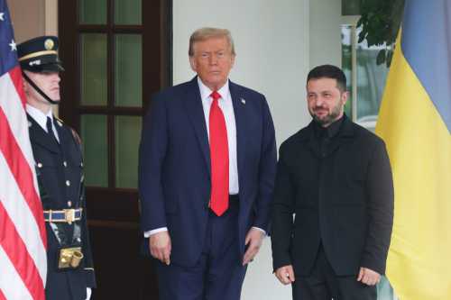 U.S. President Donald Trump greets Ukrainian President Volodymyr Zelensky at the White House in Washington, D.C. on August 18, 2025. Zelensky will be joined by several other European leaders to discuss Ukraine's war with Russia.