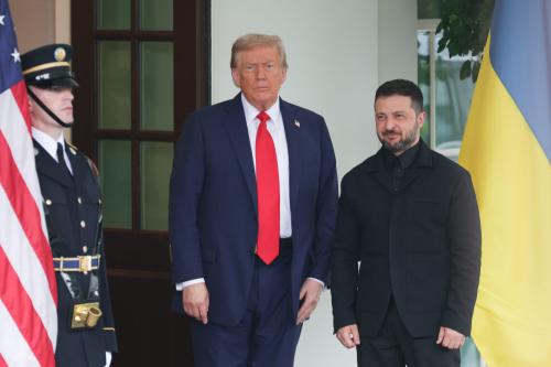 U.S. President Donald Trump greets Ukrainian President Volodymyr Zelensky at the White House in Washington, D.C. on August 18, 2025. Zelensky will be joined by several other European leaders to discuss Ukraine's war with Russia.
