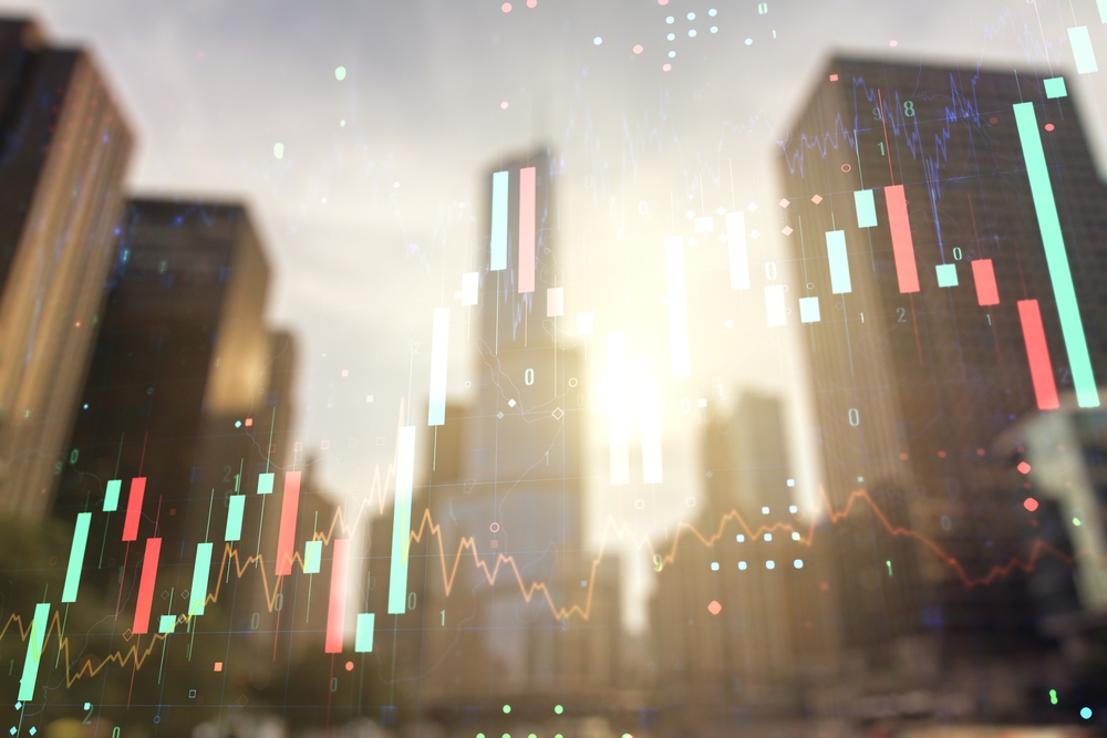 Double,Exposure,Of,Abstract,Financial,Diagram,On,Office,Buildings,Background,
