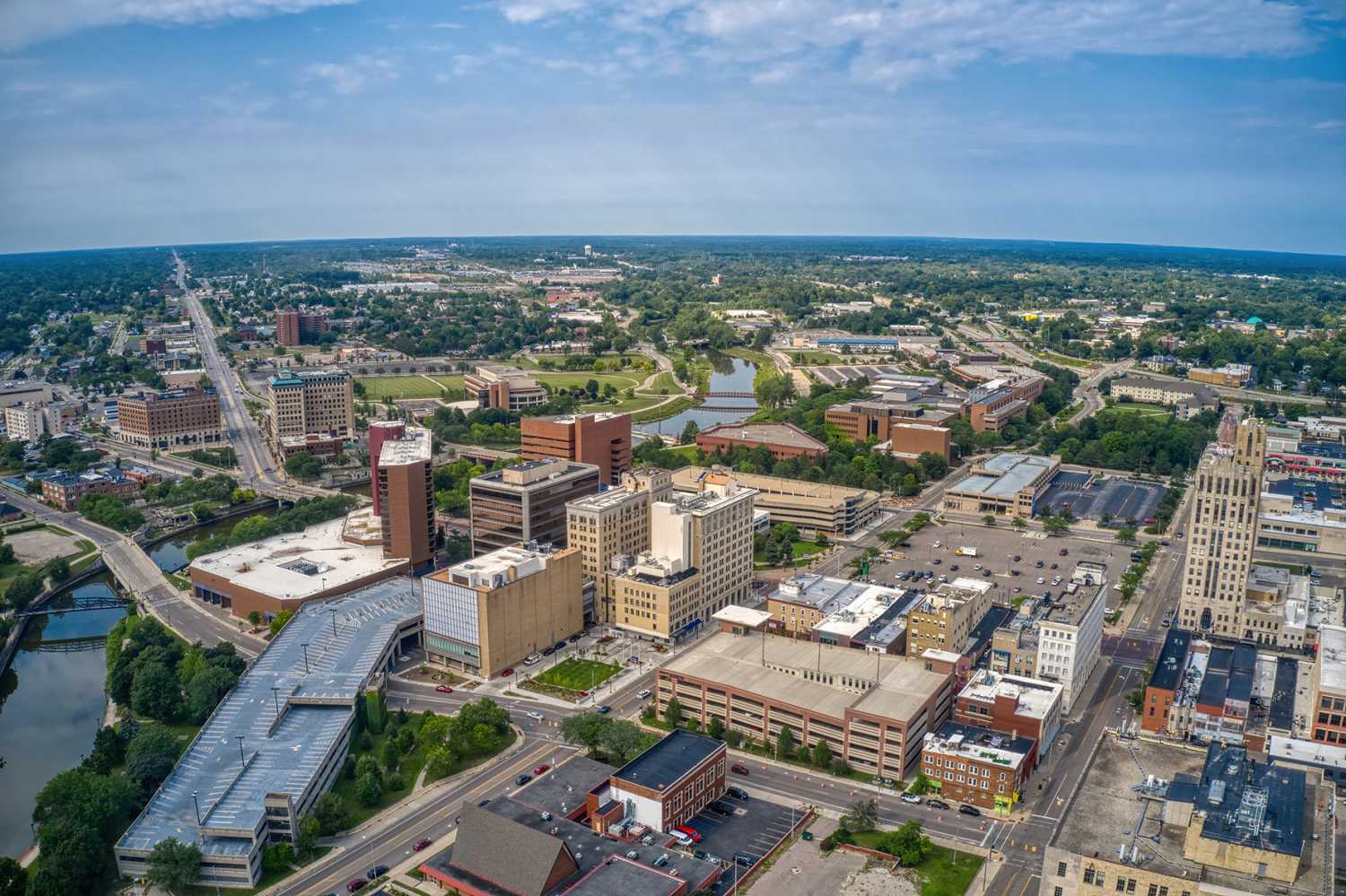 Aerial View of Downtown Flint, Michigan in Summer