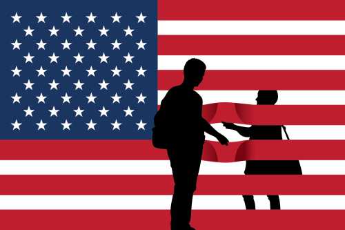 Illustration of migrants separated by the stripes on the U.S. flag