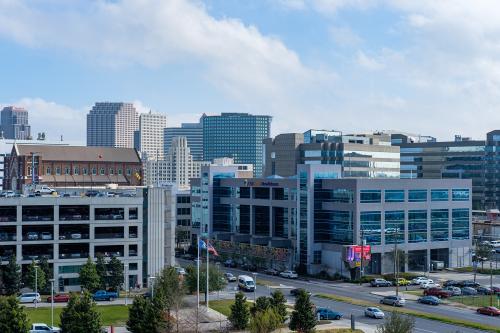 NEW ORLEANS, LA, USA - FEBRUARY 10, 2021: Aerial view of downtown Medical Corridor featuring LSU Health of New Orleans on Tulane Avenue