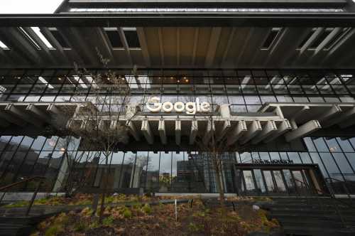 View of the Google company logo at one of their lower Manhattan offices, New York, NY, April 2, 2024.