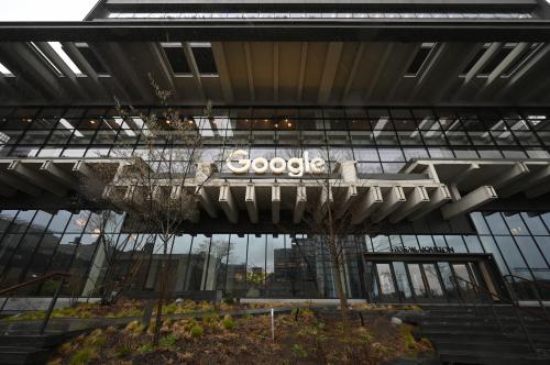 View of the Google company logo at one of their lower Manhattan offices, New York, NY, April 2, 2024.