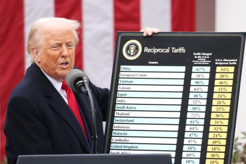 President Donald Trump displays a chart with reciprocal tariffs during a 'Liberation Day' event in the Rose Garden at the White House on April 2, 2025 in Washington, D.C.