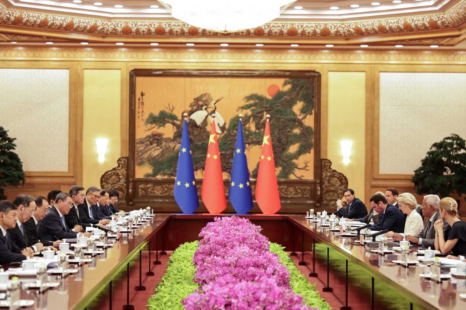 Chinese Premier Li Qiang listens as President of the European Council, Antonio Costa, speaks in presence of President of the European Commission, Ursula von der Leyen, and High Representative for Foreign Affairs and Security Policy and Vice-President of the European Commission Kaja Kallas, during the opening remarks of their meeting at the 25th European Union - China Summit at the Great Hall of the People in Beijing, China, 24 July 2025.