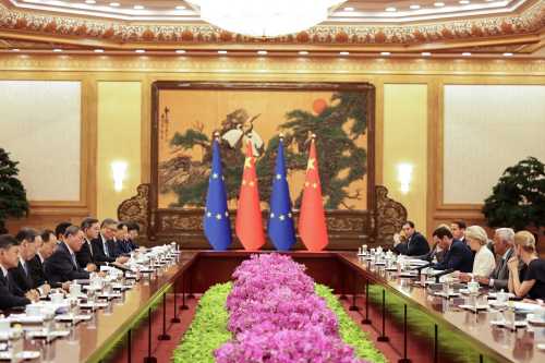 Chinese Premier Li Qiang listens as President of the European Council, Antonio Costa, speaks in presence of President of the European Commission, Ursula von der Leyen, and High Representative for Foreign Affairs and Security Policy and Vice-President of the European Commission Kaja Kallas, during the opening remarks of their meeting at the 25th European Union - China Summit at the Great Hall of the People in Beijing, China, 24 July 2025.