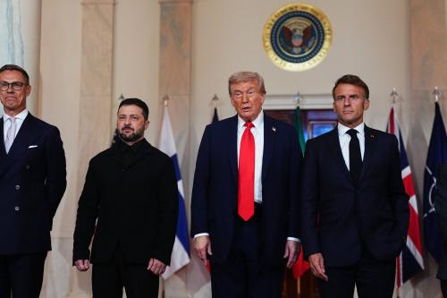 From left to right: President Alexander Stubb of Finland, President Volodymyr Zelenskyy of Ukraine, United States President Donald J Trump, and President Emmanuel Macron of France as they pose for a family photo in the Cross Hall of the White House in Washington, DC, USA, on Monday, August 18, 2025.