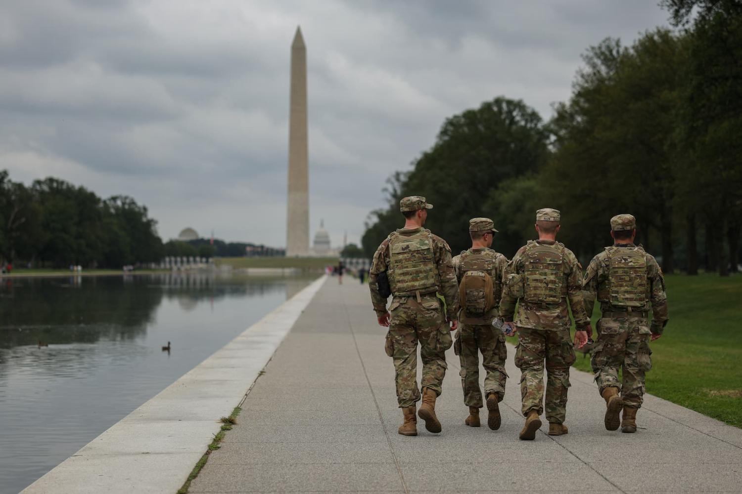 National Guard troops patrol outside of the Lincoln Memorial on the National Mall in Washington, D.C. on August 20, 2025. The week prior, President Donald Trump invoked section 740 of Washington, D.C.'s Home Rule Act of 1973, federalizing the D.C. Metropolitan Police Department and deploying National Guard troops, citing crime-fighting reasons. Bryan Dozier/NurPhoto