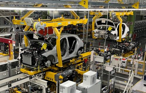 FILE PHOTO: A general view of a production line of German car manufacturer Mercedes-Benz at a factory, in Rastatt, Germany, June 4, 2025.