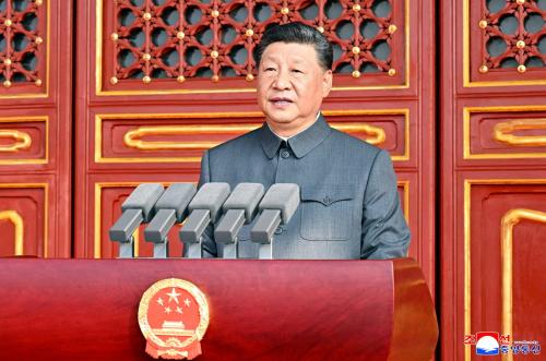 Chinese President Xi Jinping speaks during a military parade marking the 80th anniversary of the end of World War Two, in Beijing, China, in this picture released by the Korean Central News Agency, September 3, 2025.