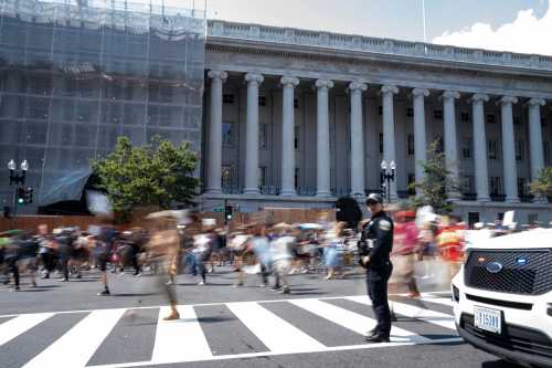 Seven groups of different organizations gather at Meridian Hill Park and march by the White House, then to Freedom Plaza in Washington, DC, on Sept. 6, 2025.