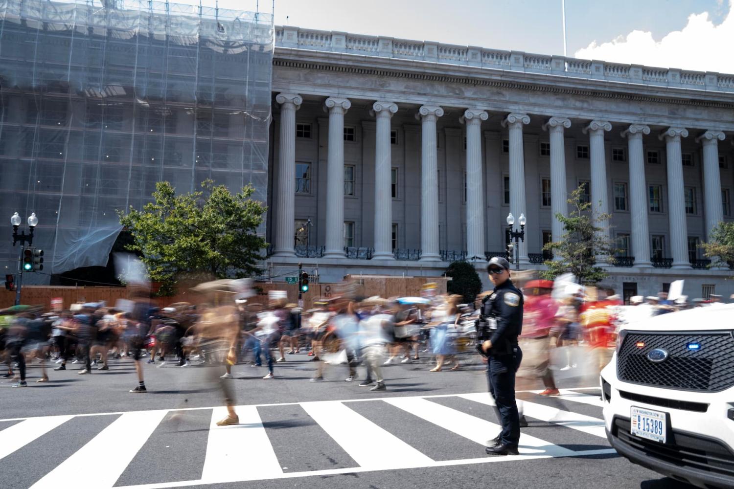 Seven groups of different organizations gather at Meridian Hill Park and march by the White House, then to Freedom Plaza in Washington, DC, on Sept. 6, 2025.