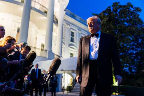 United States President Donald J. Trump speaks to reporters before he departs the White House in Washington, D.C., USA, for a private dinner at Mount Vernon, Virginia, on Sept. 20, 2025. The president spoke briefly about Jimmy Kimmel, saying, "I think Jimmy Kimmel is terrible. ABC lost millions." He also spoke about meeting with Democratic lawmakers to avoid a government shutdown.