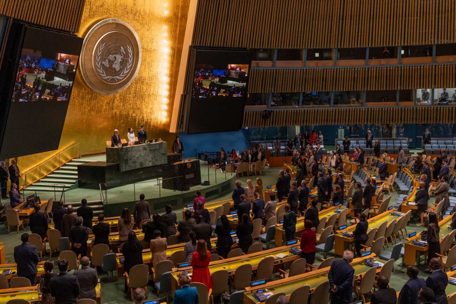 Delegates stand at their seats in the U.N. General Assembly