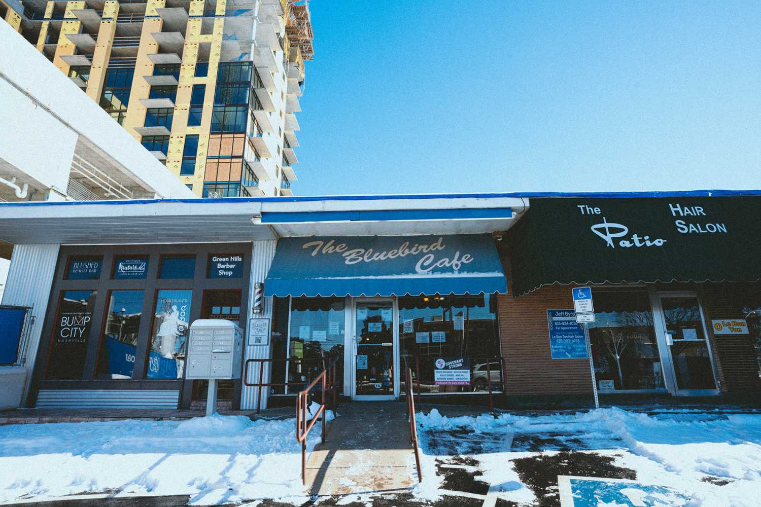 Nashville's Bluebird Cafe. Exterior street view of a small cafe