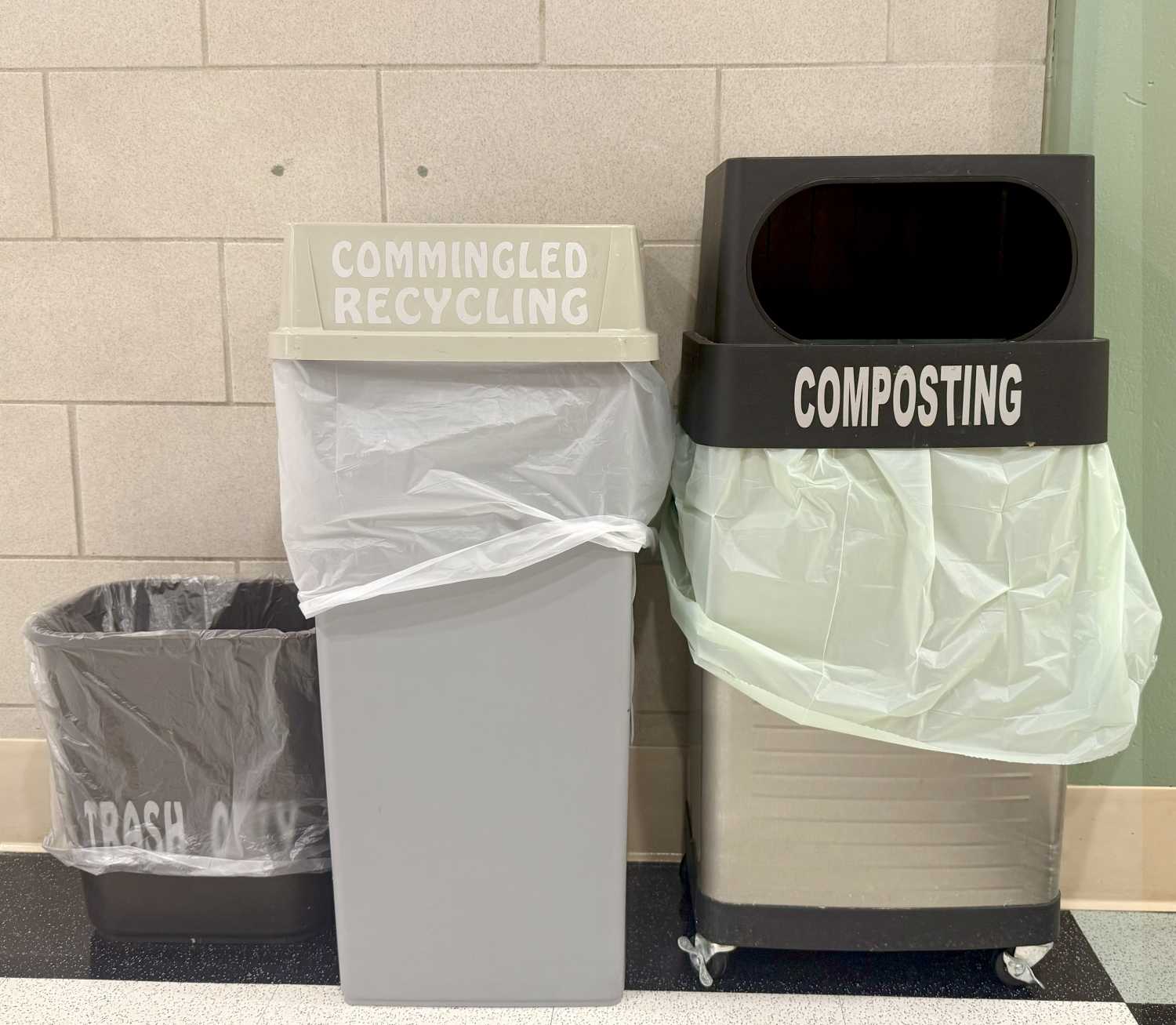 Trash, recycling, and composting bins on the campus of the University of Minnesota Morris.