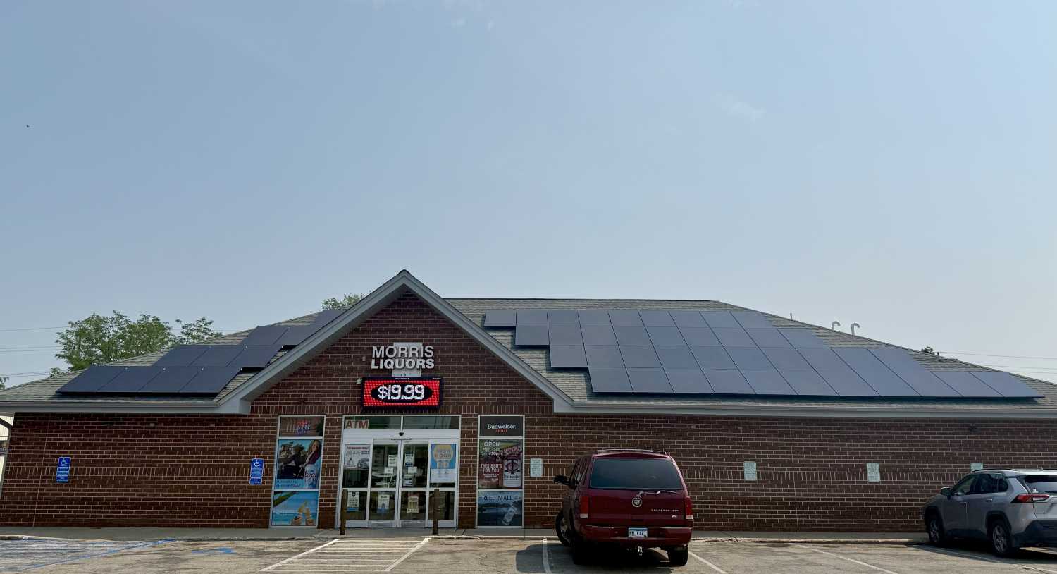 Morris Liquors, with solar panels on the roof, in Morris, Minnesota.
