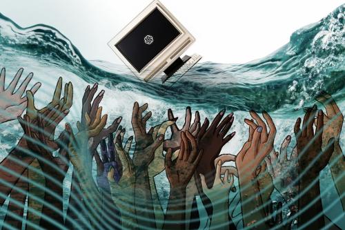 A computer monitor with a parody of a tech company logo floats on the waves while human hands reach up from the depths.