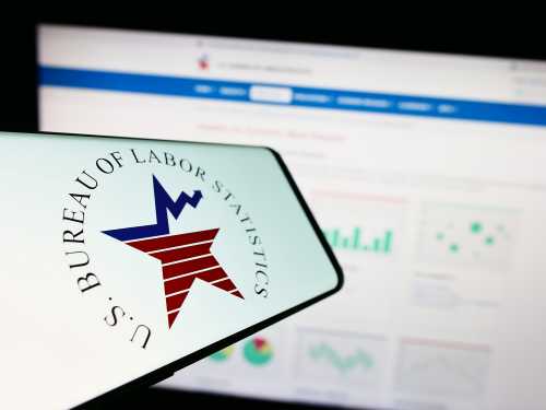 Illustration showing the Bureau of Labor Statistics logo on a mobile device.