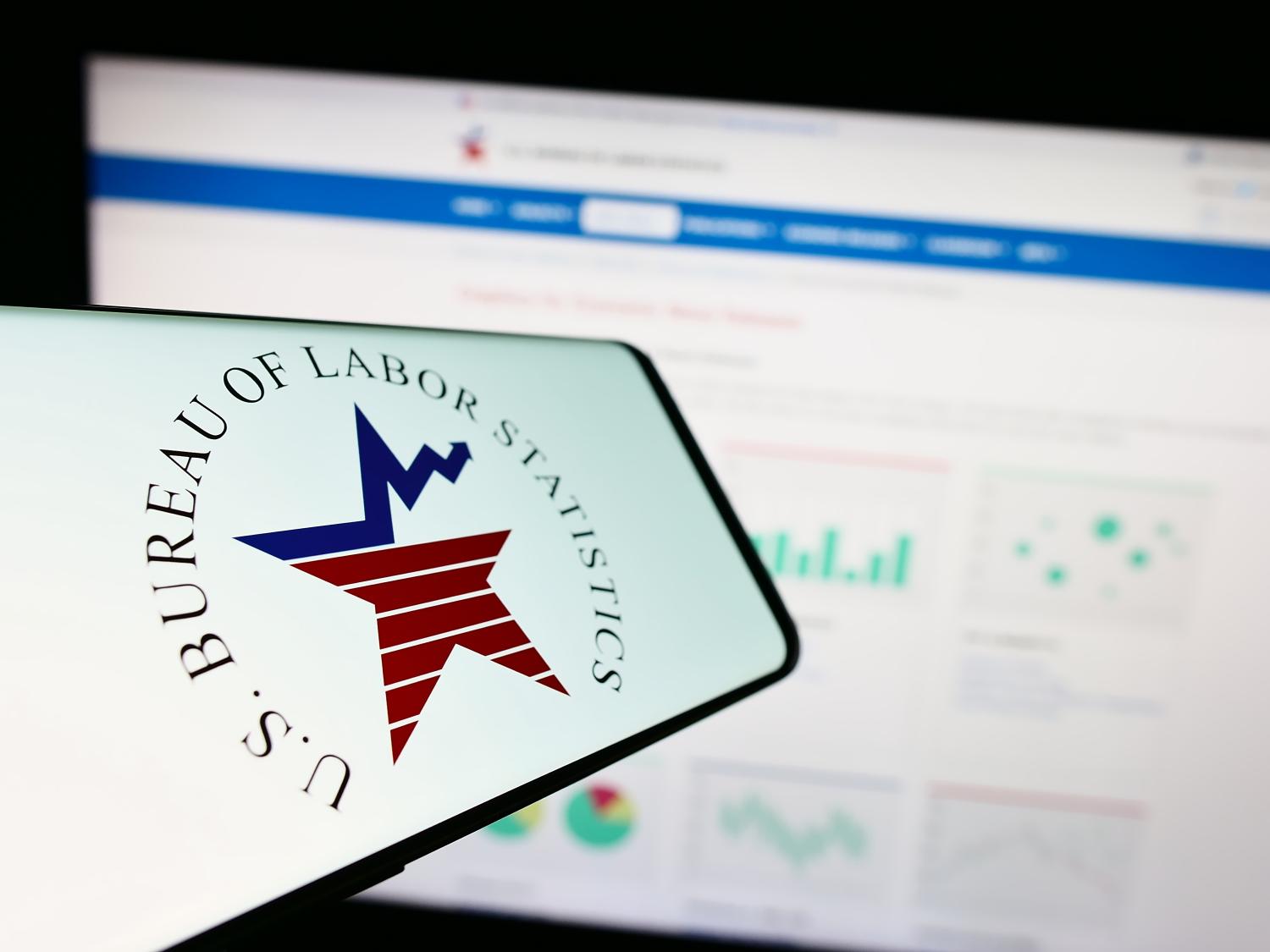 Illustration showing the Bureau of Labor Statistics logo on a mobile device.