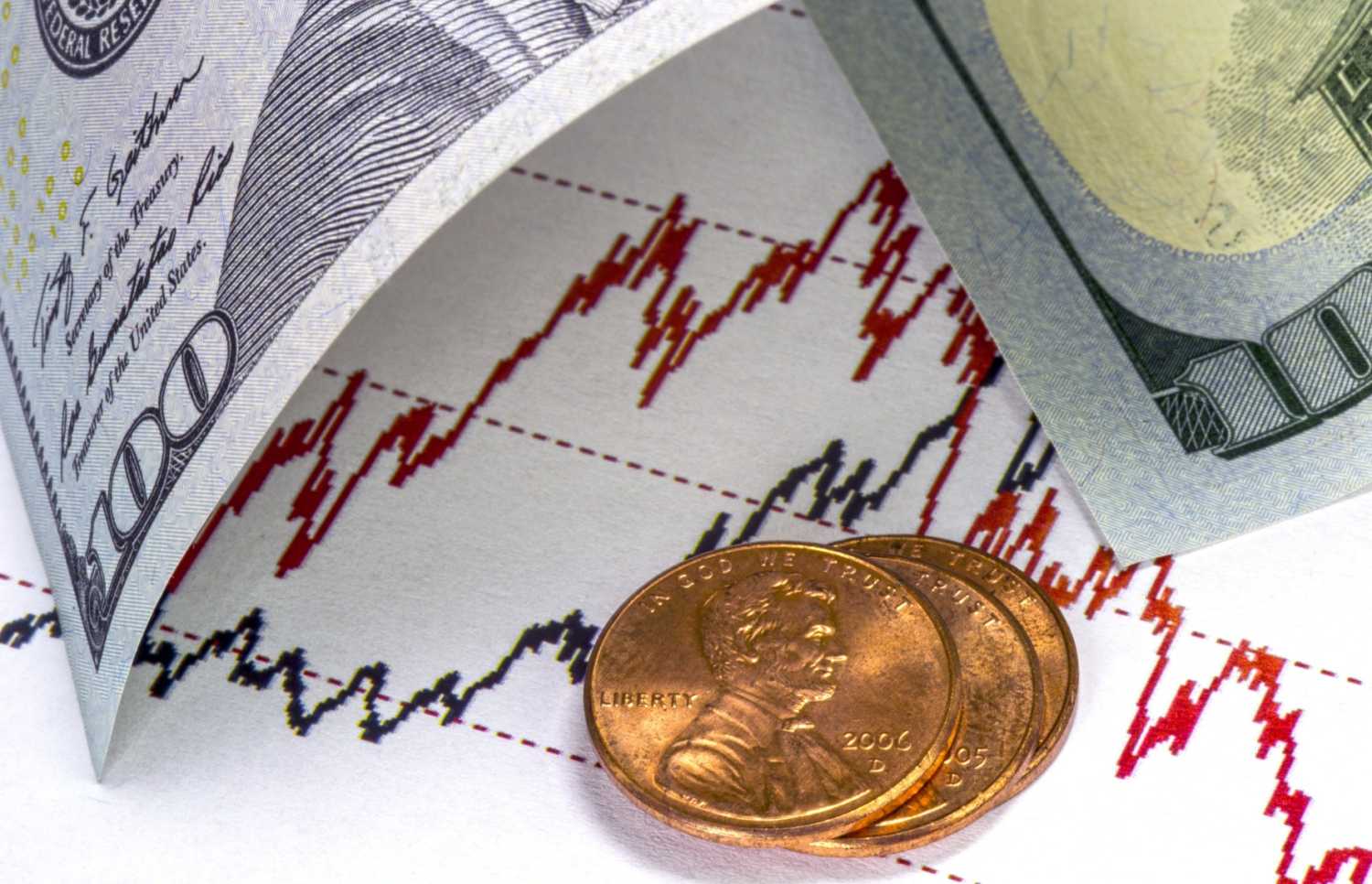 A $100 dollar bill and some pennies on top of a graph.