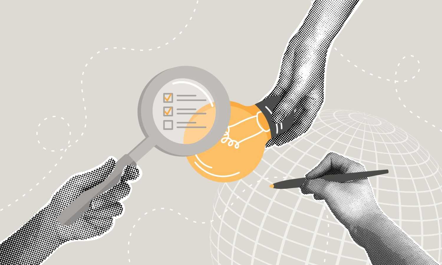 Hands hold a magnifying glass, lightbulb, and pen over a rendering of the globe